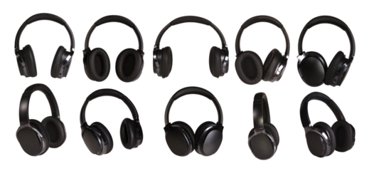 A set of black wireless headphones from different angles on a white isolated background