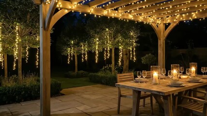 Outdoor dining area illuminated by warm string lights under wooden pergola, showcasing beautifully set table with candles and glassware, creating an inviting atmosphere for evening gatherings