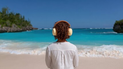 A serene scene of a person wearing headphones, gazing at the calm ocean waves from a sandy beach, capturing the essence of relaxation and tranquility in nature.