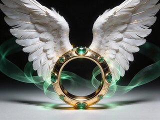 Elegant Golden Ring Frame with White Angel Wings and Green Light Effects