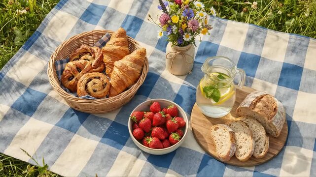 Picnic scene featuring a woven basket filled with assorted pastries, fresh strawberries, a pitcher of lemonade, and a wooden board with sliced bread on a checkered blanket in a sunny outdoor setting