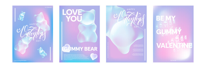 Vector set of Valentine's Day poster cards with gummy bear aesthetic isolated on white background.