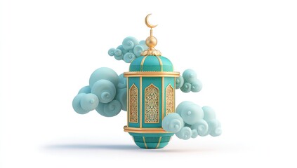 Islamic lantern with crescent moon and clouds Ramadan decoration 3D render for religious holidays
