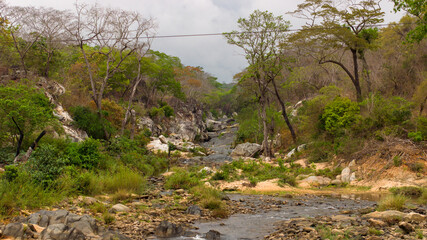 Aerial view of a rocky riverbed snaking through a dense forest with trees and shrubs under a cloudy sky, Caricanhi, Manica, Mozambique.