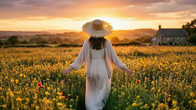Woman walking through vibrant flower field at sunset, wearing wide-brimmed hat and flowing dress, arms outstretched, embracing nature's beauty and tranquility in a picturesque landscape