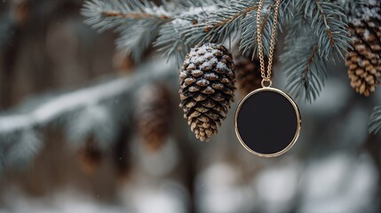 Snowy fir branches with pine cones and a black blank tag for text, close-up view. Winter Christmas background with copy space for branding, greeting cards, ads, and seasonal promotions.