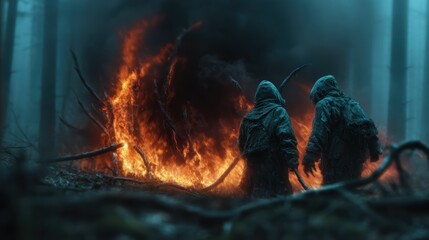 Two cloaked figures stand before a raging fire in a dense forest, creating a haunting atmosphere that evokes feelings of mystery, danger, and an intriguing narrative.