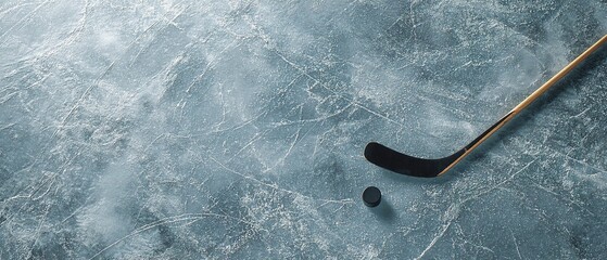 Hockey puck and stick on textured ice surface with cold tones. Winter sports concept highlighting equipment, frozen texture, professional hockey atmosphere, and competitive game environment.