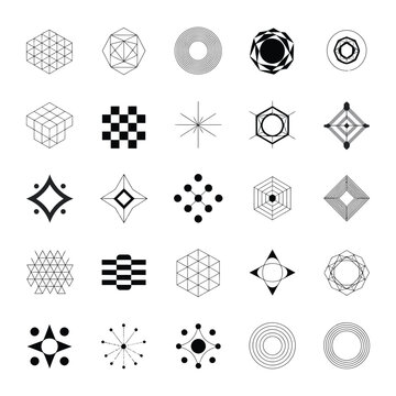 Geometric Shapes Compilation: A collection of various geometric shapes arranged in a grid pattern. Each shape, whether a cube, sphere, or intricate design, highlights a modern graphic simplicity.