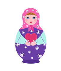 Wooden doll, matryoshka with a heart. Valentine's Day. Painted Russian retro toy, matryoshka. Russian culture, folklore. Bright flat illustration on white isolated background.