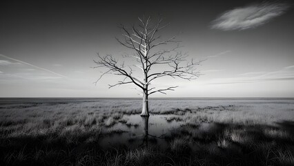 Solitary tree standing in a wetland area with leafless branches