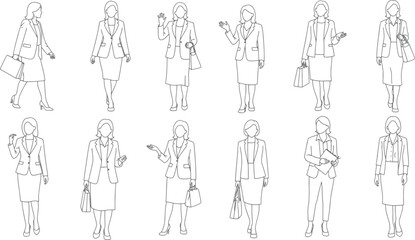 Set of minimalist outline sketches of professional women in business attire, female corporate figures walking with bags, waving, and posing for architectural rendering.