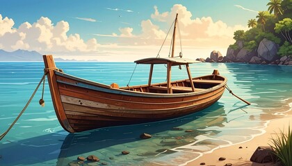 Obraz premium Vintage Wooden Fishing Boat on Tropical Shore, 20th Century Style