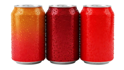 Three Cold Beverage Cans with Condensation on Transparent Background