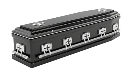 Black Coffin with Silver Crosses on Transparent Background