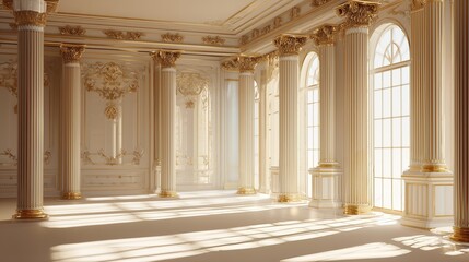 Obraz premium Luxurious beige interior with classic columns, ornate details. Empty room bathed in sunlight. Architectural design features elegant moldings, gold accents. Suitable for product placement background