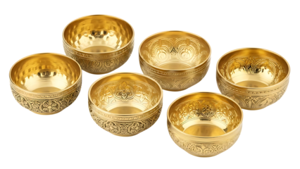 Set of Six Ornate Golden Embossed Metal Bowls