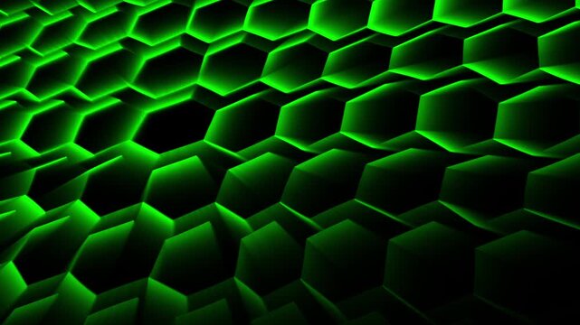 Abstract green 3d geometric hexagon pattern moving with wave motion on black background