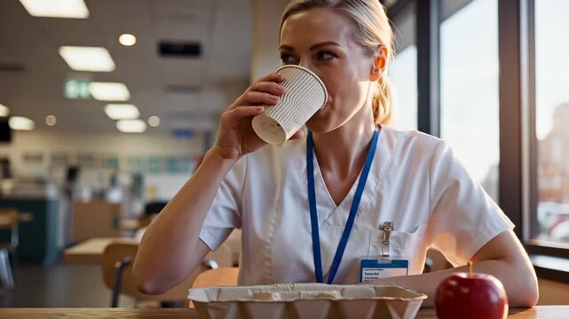Nurse drinks coffee during break in hospital cafeteria. Healthcare worker enjoys coffee with lunch. Nurse takes break with coffee and apple. Medical staff drinks coffee in cafeteria during break.