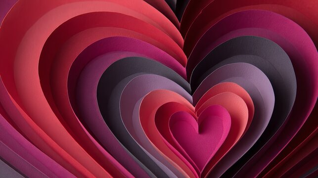 A vibrant abstract heart made of layered paper in various shades of pink and purple