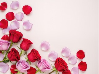 A photo composed with roses in a realistic and modern style, designed for Valentine's Day.