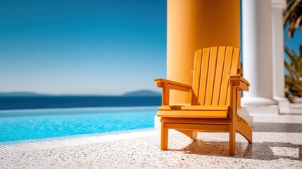 A bright yellow poolside chair positioned elegantly beside a serene swimming pool, contrasting against the shimmering water and the vibrant atmosphere of a sunny day overlooking the beach.
