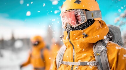 An adventurous figure in vibrant orange winter gear stands amidst falling snowflakes, embodying the spirit of exploration and excitement in a beautiful snow-covered landscape.