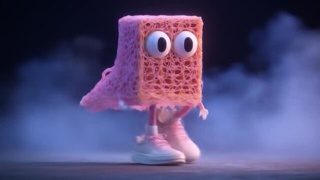 A whimsical, cartoon-like figure resembling a pink cellular structure with large eyes walks in sneakers, in a foggy blue environment