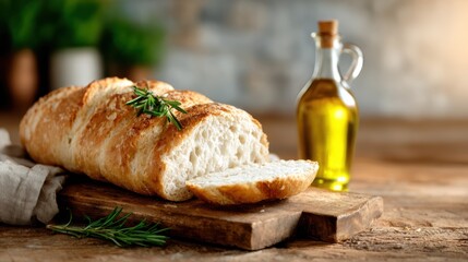 A delightful composition of freshly baked bread slices garnished with rosemary, accompanied by olive oil, showcasing culinary artistry and inviting homely comfort.