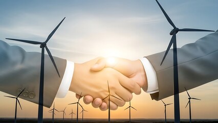 Business partnership handshake at renewable energy wind farm