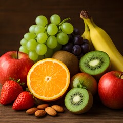 Colorful Assortment of Fresh Fruits and Nuts on Wooden Surface