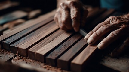 Close-up of hands working on wooden pieces, crafting with precision and care