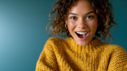 A joyful young woman with curly hair is smiling brightly while wearing a cozy yellow sweater, radiating happiness and warmth against a teal backdrop.
