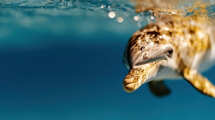 This close-up shot showcases a dolphin swimming elegantly in clear blue water, emphasizing its playful demeanor and the sheer beauty of undersea life and marine environments.