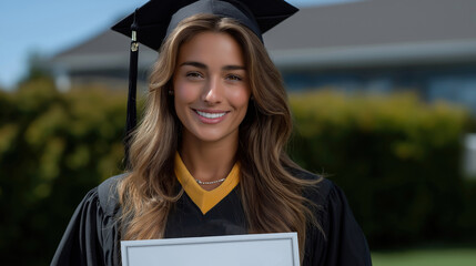 Student celebrates graduation holding diploma and smiling outdoors