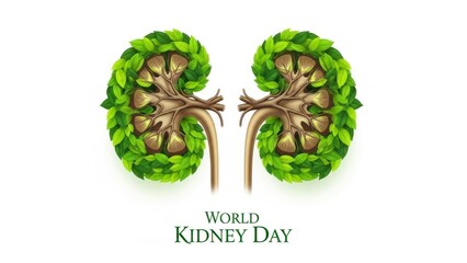 Stylized human kidneys made of fresh green leaves with World Kidney Day text on white background, concept of kidney health and organ donation awareness