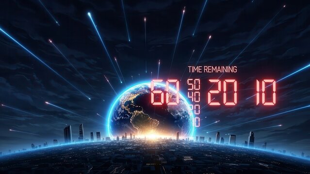 Countdown timer displaying 50 seconds amidst futuristic city skyline encircled by earth planet with shooting stars and cosmic energy beams in dark space. End of world concept