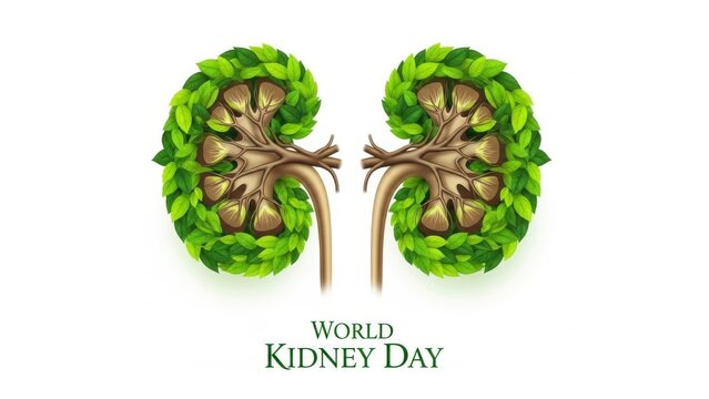 Stylized human kidneys made of fresh green leaves with World Kidney Day text on white background, concept of kidney health and organ donation awareness - Powered by Adobe