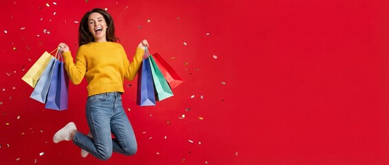 young happy woman shopping bags smile jumping red studio background