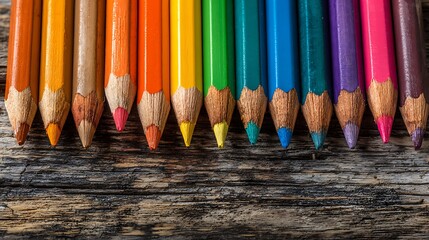 Close-up of rainbow-colored pencils arranged on a weathered, textured wooden surface