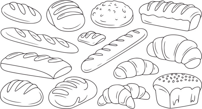 Various types of bread in clean black and outline style including baguettes croissants and loaves