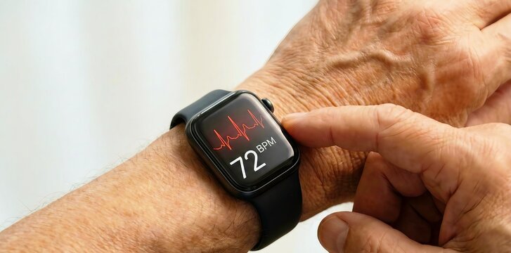 Elderly person using a smartwatch to monitor their heart rate and pulse rate and overall health
