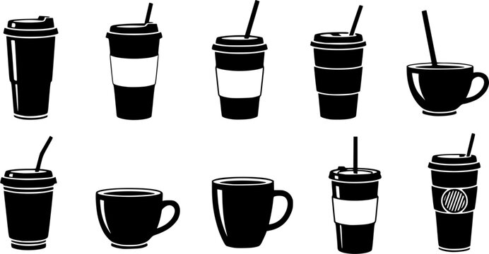 Set of coffee cup silhouettes with straws in various styles
