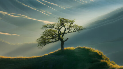 Solitary ancient oak tree standing proudly on a grassy hill crest against a dramatic, misty, sundrenched landscape of rolling hills at sunrise or sunset