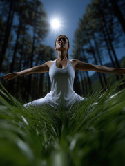 Fototapeta premium Woman practices yoga in the forest during sunny daytime