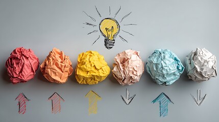 Colorful crumpled paper balls with arrows and an illustrated lightbulb above