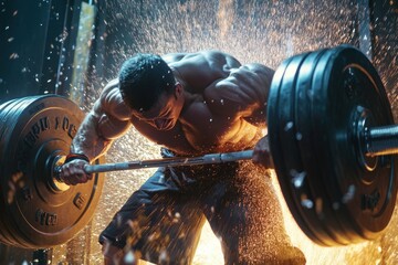 Strong man lifting heavy weights in dynamic workout session with water splashes