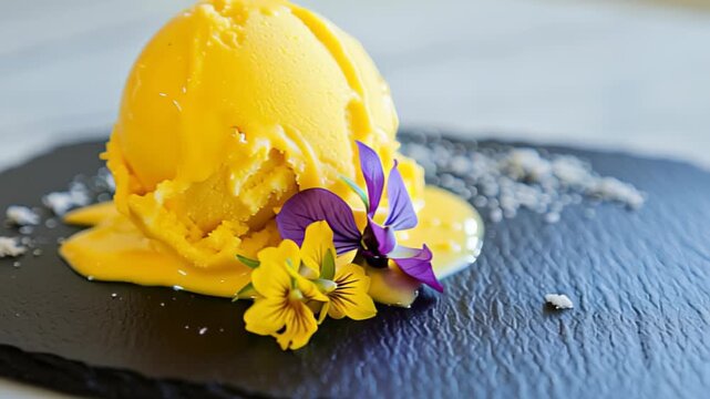 Delicious mango sorbet on slate with edible flowers