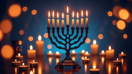 Menorah with lit candles on a dark background with bokeh lights