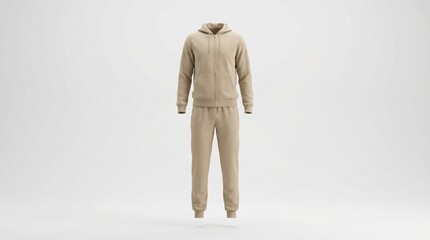 Beige Hoodie and Joggers Tracksuit Set Isolated on White Background